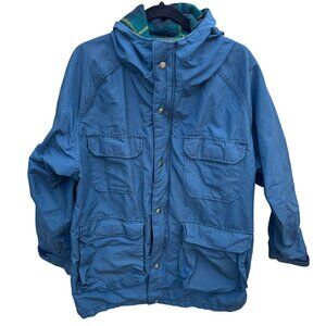 Teton Woolrich Blue Vintage Wool Blend Hooded Parka Jacket Plaid Lining Mens L